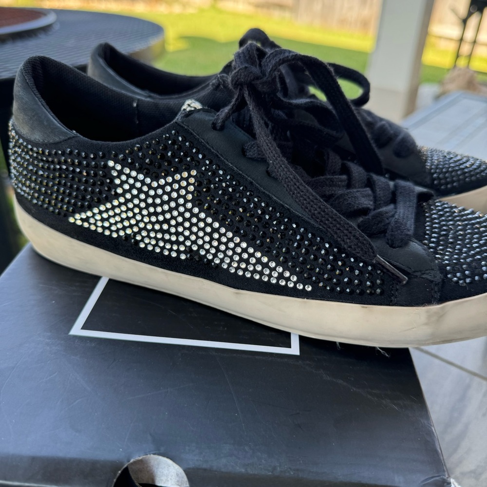 Black Casual Sneakers with silver and black rhinestones for bling; size 8